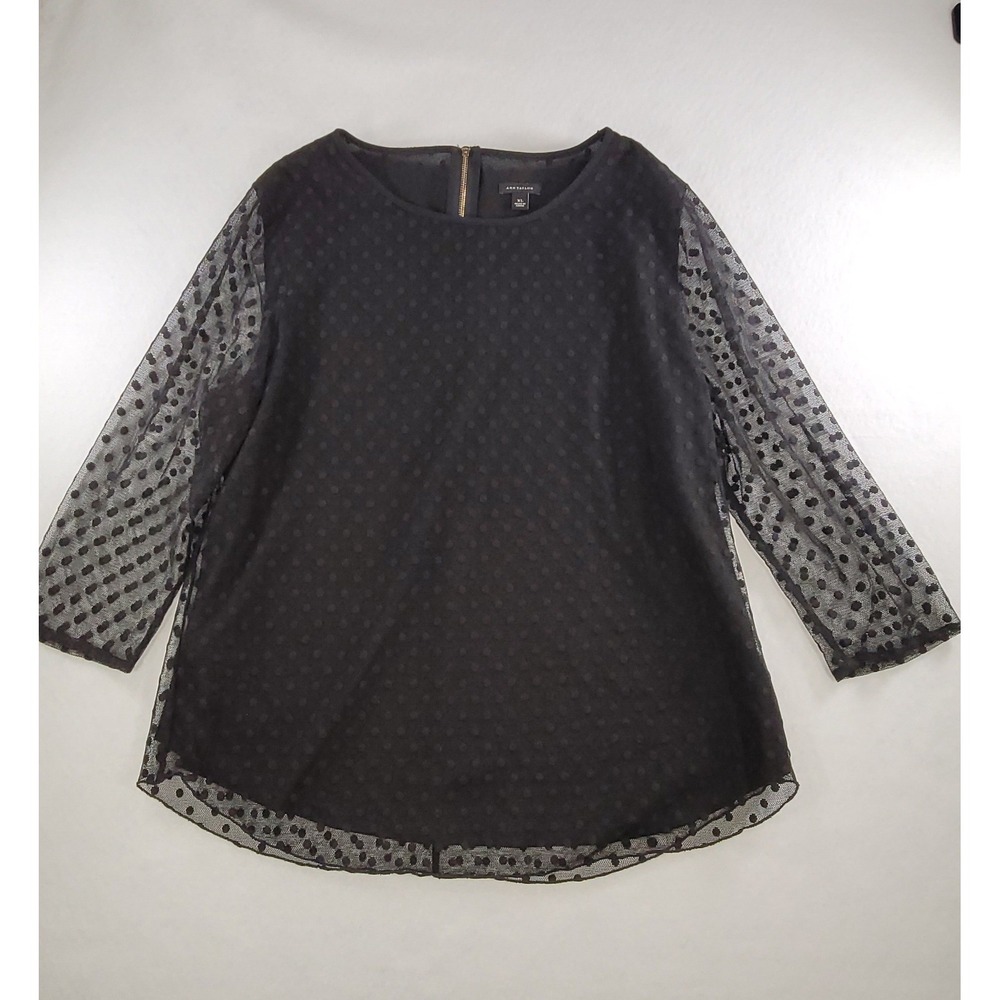 Ann Taylor Blouse Women Lined Black Swiss Dot Mesh 3/4 Sleeve Zipper Back XL - Picture 11 of 11